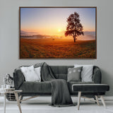 57919623-MGV-FC-36X24_Walnut-Sunrise Landscape Wall Art – Golden Morning Canvas Print with Tree, Misty Hills and Open Field, Peaceful Nature Photography for