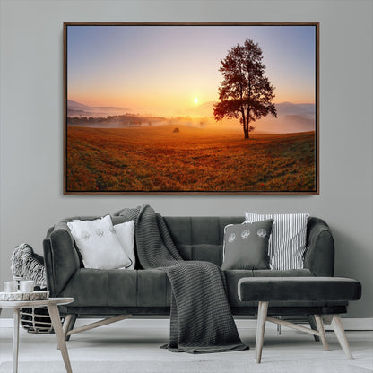 57919623-MGV-FC-36X24_Walnut-Sunrise Landscape Wall Art – Golden Morning Canvas Print with Tree, Misty Hills and Open Field, Peaceful Nature Photography for