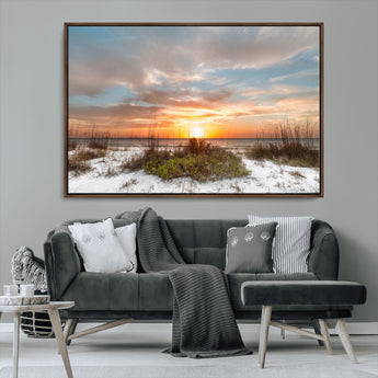 58266230-MGV-FC-36X24_Walnut-Beach Sunset Wall Art – Coastal Canvas Print with Sandy Dunes, Sea Grass and Golden Sky, Serene Ocean Landscape Photography for