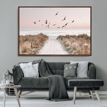 34632598-MGV-FC-36X24_Walnut-Beach Pathway Wall Art – Coastal Canvas Print with Sandy Trail, Flying Birds and Pastel Sky, Serene Ocean Landscape Photography