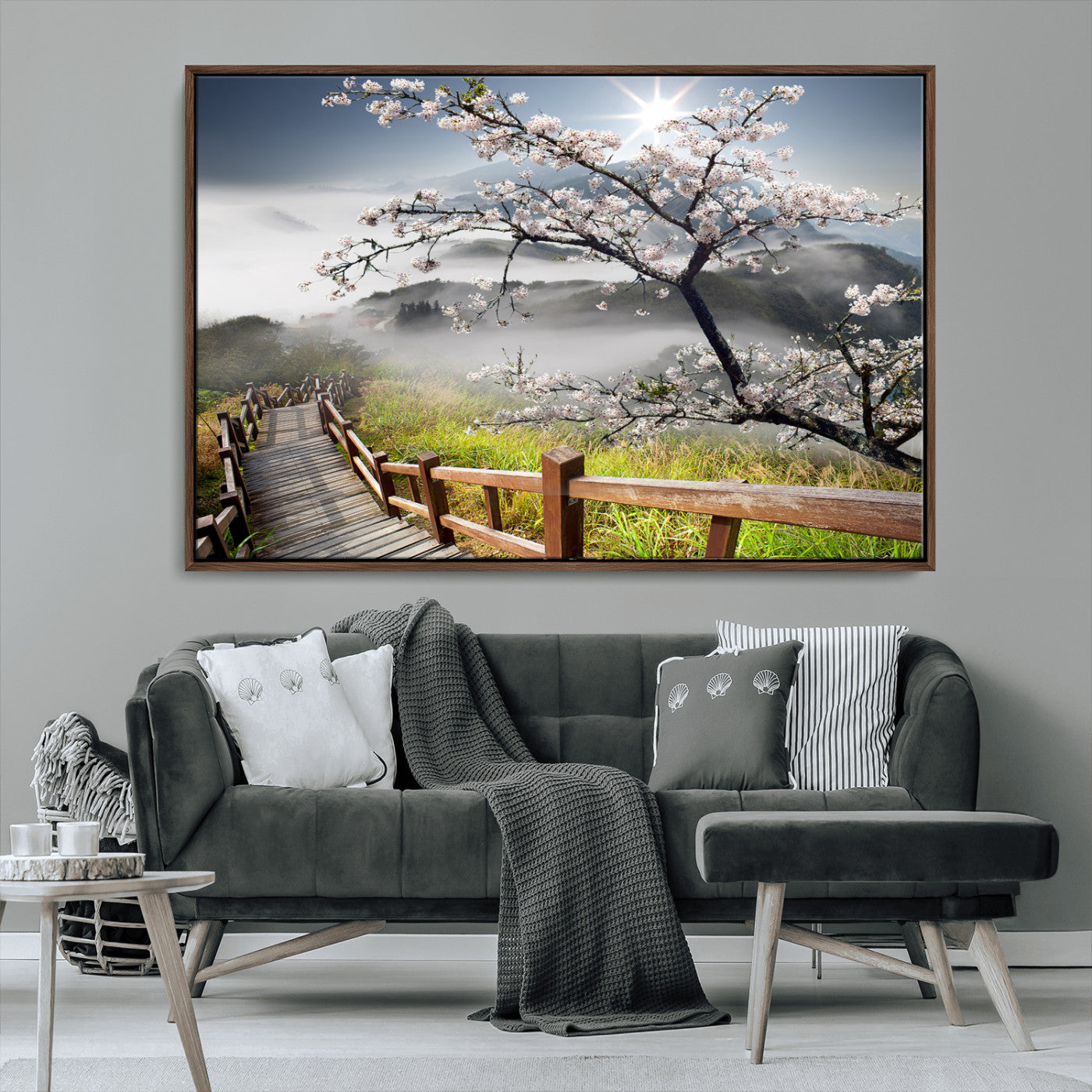 34632598CRY-MGV-FC-36X24_Walnut-Cherry Blossom Wall Art – Scenic Asian Landscape Canvas Print with Wooden Walkway, Misty Mountains and Sunrise, Serene Nature