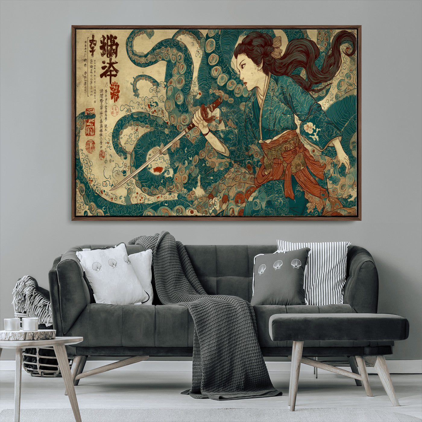 46837670-MGV-CV-36X24-Tsukioka Yoshitoshi Samurai Wall Art Print, Japanese Katana Warrior Canvas Wall Art, Octopus Sea Monster Canvas Print,