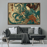 46837670-MGV-CV-36X24-Tsukioka Yoshitoshi Samurai Wall Art Print, Japanese Katana Warrior Canvas Wall Art, Octopus Sea Monster Canvas Print,