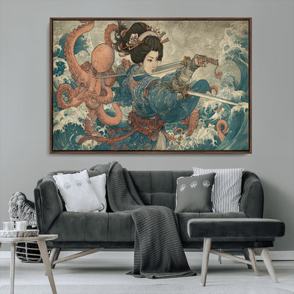 52037775-MGV-CV-36X24-Tsukioka Yoshitoshi Samurai Wall Art Print, Japanese Katana Warrior Canvas Wall Art, Octopus Sea Monster Canvas Print,