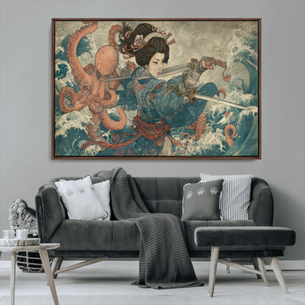 52037775-MGV-FC-36X24_Walnut-Samurai Woman Wall Art – Japanese Ukiyo e Style Canvas Print with Katana, Ocean Waves and Octopus, Traditional Asian Inspired