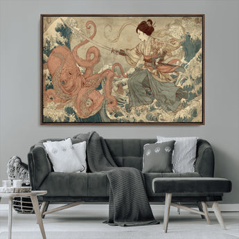 54879547-MGV-CV-36X24-Samurai Woman Wall Art – Japanese Ukiyo-e Style Canvas Print with Katana and Octopus, Traditional Asian Inspired Battle Artwork