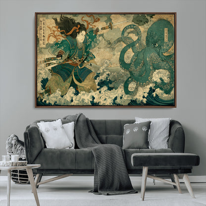 24416422-MGV-CV-36X24-Tsukioka Yoshitoshi Samurai Wall Art Print, Japanese Katana Warrior Canvas Wall Art, Octopus Sea Monster Canvas Print,