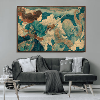 37943964-MGV-CV-36X24-Tsukioka Yoshitoshi Samurai Wall Art Print, Japanese Katana Warrior Canvas Wall Art, Octopus Sea Monster Canvas Print,