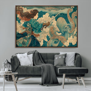37943964-MGV-FC-36X24_Walnut-Samurai Warrior vs Octopus Wall Art – Japanese Ukiyo-e Style Canvas Print, Ocean Battle Scene Artwork for Living Room, Office, Man