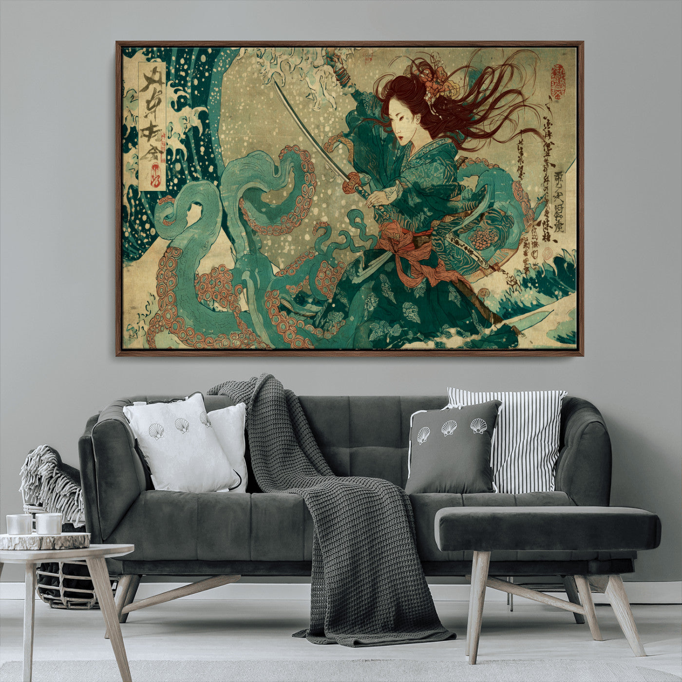 86918027-MGV-CV-36X24-Samurai Warrior vs Octopus Wall Art – Japanese Ukiyo-e Ocean Battle Canvas Print, Traditional Samurai Artwork for Living Room,