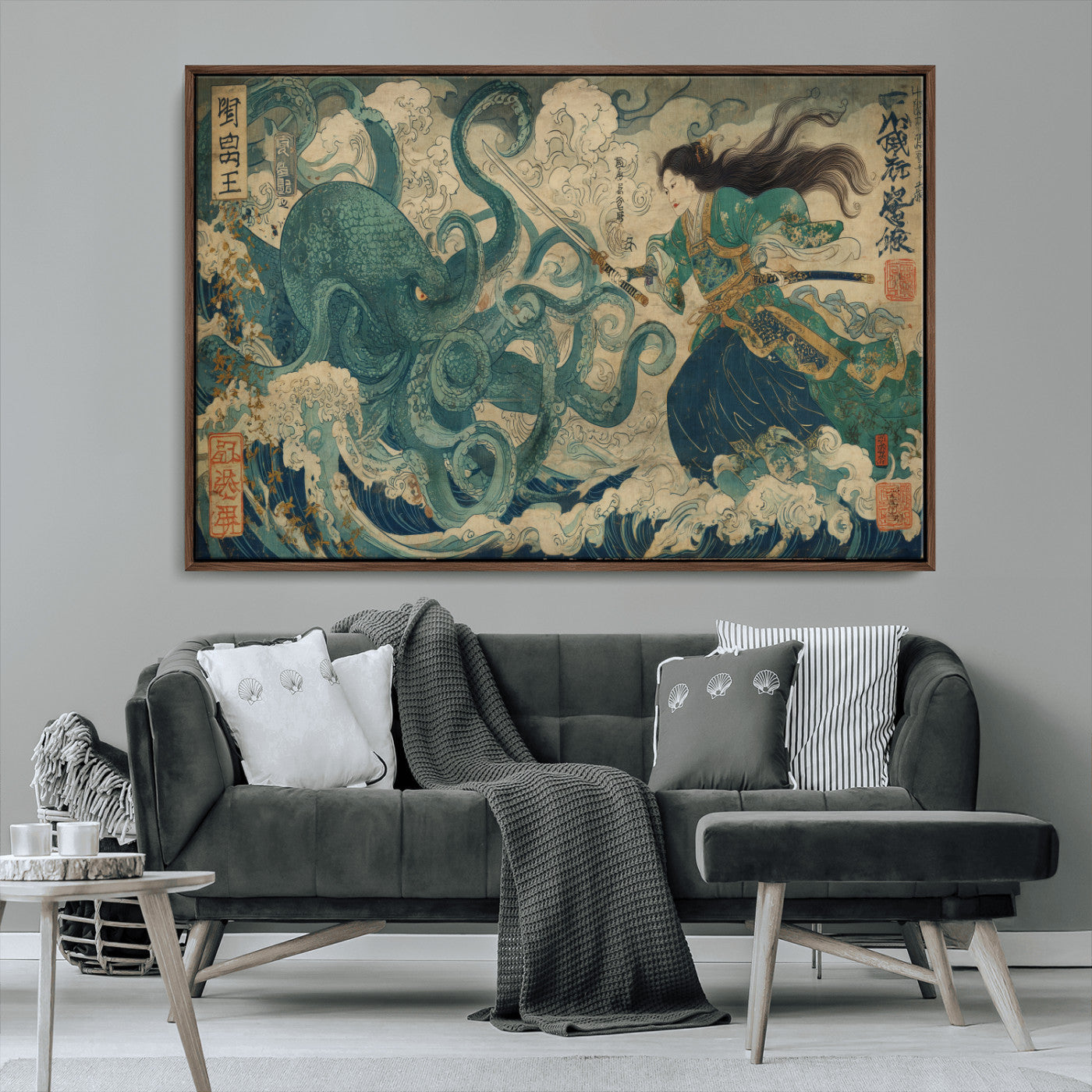 60346622-MGV-FC-36X24_Walnut-Samurai Warrior vs Octopus Wall Art – Japanese Ukiyo-e Style Ocean Battle Canvas Print, Traditional Samurai Artwork for Living