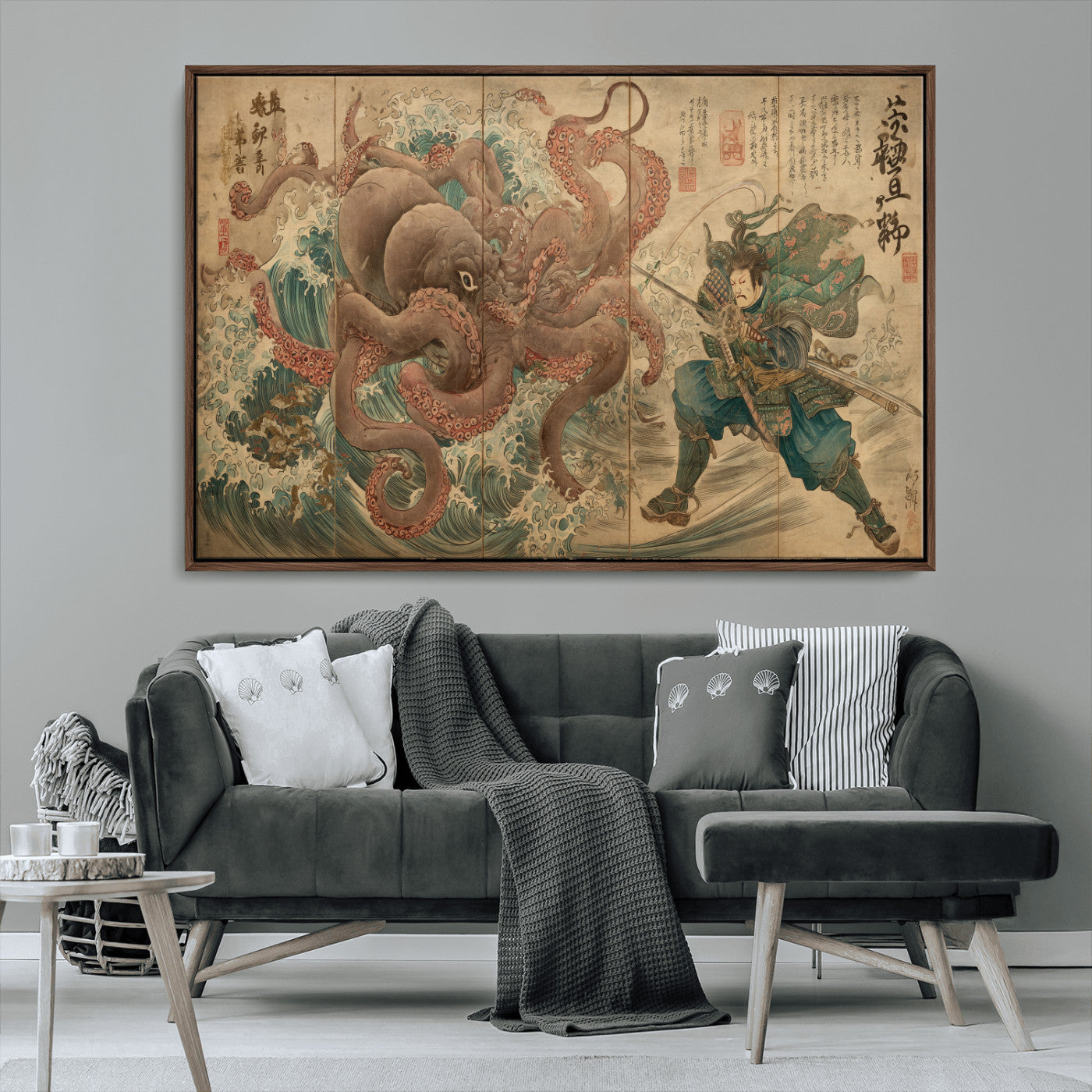 63782167-MGV-CV-36X24-Tsukioka Yoshitoshi Samurai Wall Art Print, Japanese Katana Warrior Canvas Wall Art, Octopus Sea Monster Canvas Print,