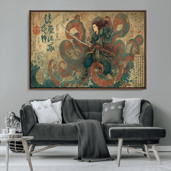 98593115-MGV-CV-36X24-Samurai Warrior vs Octopus Wall Art – Japanese Ukiyo-e Calligraphy Canvas Print, Ocean Battle Scene Artwork for Living Room,