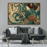 18575670-MGV-CV-36X24-Tsukioka Yoshitoshi Samurai Wall Art Print, Japanese Katana Warrior Canvas Wall Art, Octopus Sea Monster Canvas Print,