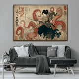 50812504-MGV-CV-36X24-Tsukioka Yoshitoshi Samurai Wall Art Print, Japanese Katana Warrior Canvas Wall Art, Octopus Sea Monster Canvas Print,