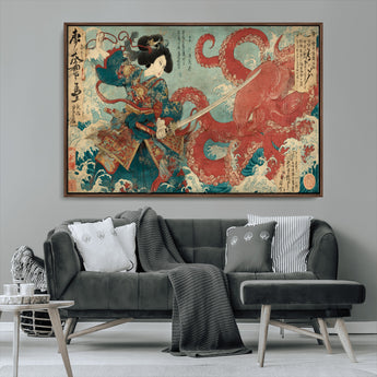 68844327-MGV-CV-36X24-Tsukioka Yoshitoshi Samurai Wall Art Print, Japanese Katana Warrior Canvas Wall Art, Octopus Sea Monster Canvas Print,