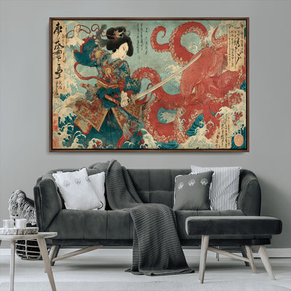 68844327-MGV-CV-36X24-Tsukioka Yoshitoshi Samurai Wall Art Print, Japanese Katana Warrior Canvas Wall Art, Octopus Sea Monster Canvas Print,