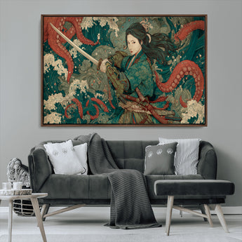 35461724-MGV-FC-36X24_Walnut-Samurai Woman vs Octopus Wall Art – Japanese Ukiyo-e Ocean Waves Canvas Print, Red Tentacle Battle Artwork for Living Room,