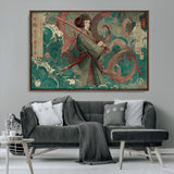 91666601-MGV-FC-36X24_Walnut-Samurai Woman vs Octopus Wall Art – Japanese Ukiyo-e Green Robe Canvas Print, Ocean Battle Artwork for Living Room, Office, Man