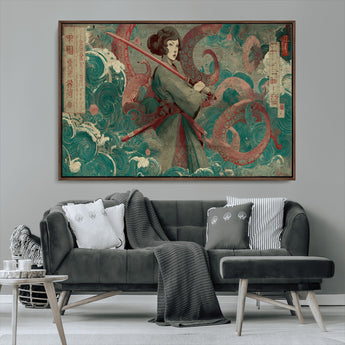 91666601-MGV-FC-36X24_Walnut-Samurai Woman vs Octopus Wall Art – Japanese Ukiyo-e Green Robe Canvas Print, Ocean Battle Artwork for Living Room, Office, Man
