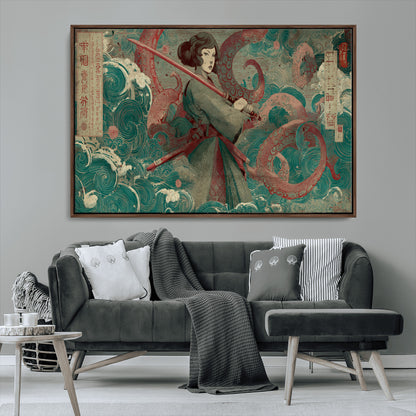91666601-MGV-FC-36X24_Walnut-Samurai Woman vs Octopus Wall Art – Japanese Ukiyo-e Green Robe Canvas Print, Ocean Battle Artwork for Living Room, Office, Man