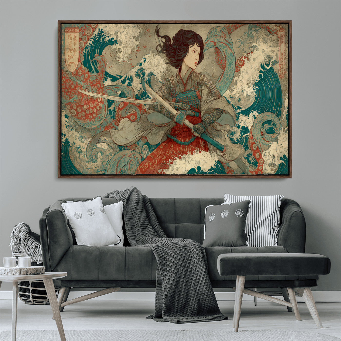 37797255-MGV-CV-36X24-Samurai Woman vs Octopus Wall Art – Japanese Ukiyo-e Red Armor Ocean Battle Canvas Print, Warrior Artwork for Living Room, Office,