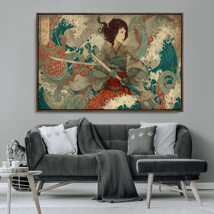 37797255-MGV-CV-36X24-Samurai Woman vs Octopus Wall Art – Japanese Ukiyo-e Red Armor Ocean Battle Canvas Print, Warrior Artwork for Living Room, Office,