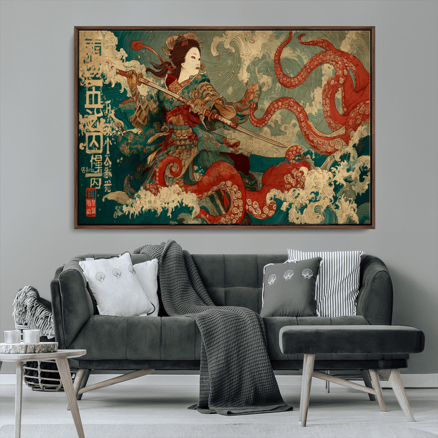 60201267-MGV-FC-36X24_Walnut-Samurai Woman vs Octopus Wall Art – Japanese Ukiyo-e Armor Canvas Print, Red Tentacle Ocean Battle Artwork for Living Room,
