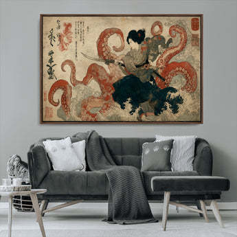 82737246-MGV-CV-36X24-Samurai Woman vs Octopus Wall Art – Japanese Ukiyo-e Dual Sword Canvas Print, Red Tentacle Ocean Battle Artwork for Living Room,