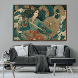 79740258-MGV-FC-36X24_Walnut-Samurai Woman vs Octopus Wall Art – Japanese Ukiyo-e Blue Kimono Canvas Print, Ocean Battle Artwork for Living Room, Office, Man