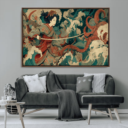 30212982-MGV-CV-36X24-Samurai Woman vs Octopus Wall Art – Japanese Ukiyo-e Style Warrior and Sea Monster Canvas Print, Mythology Inspired Artwork for