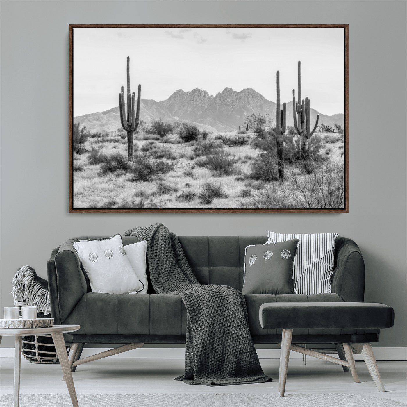 97436PHN-MGV-FC-36X24_Walnut-Desert Landscape Wall Art – Black and White Cactus and Mountain Canvas Print, Southwestern Nature Photography for Living Room,