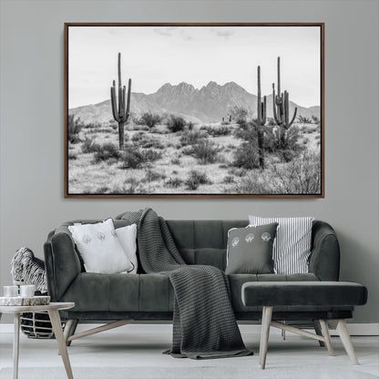 97436PHN-MGV-FC-36X24_Walnut-Desert Landscape Wall Art – Black and White Cactus and Mountain Canvas Print, Southwestern Nature Photography for Living Room,