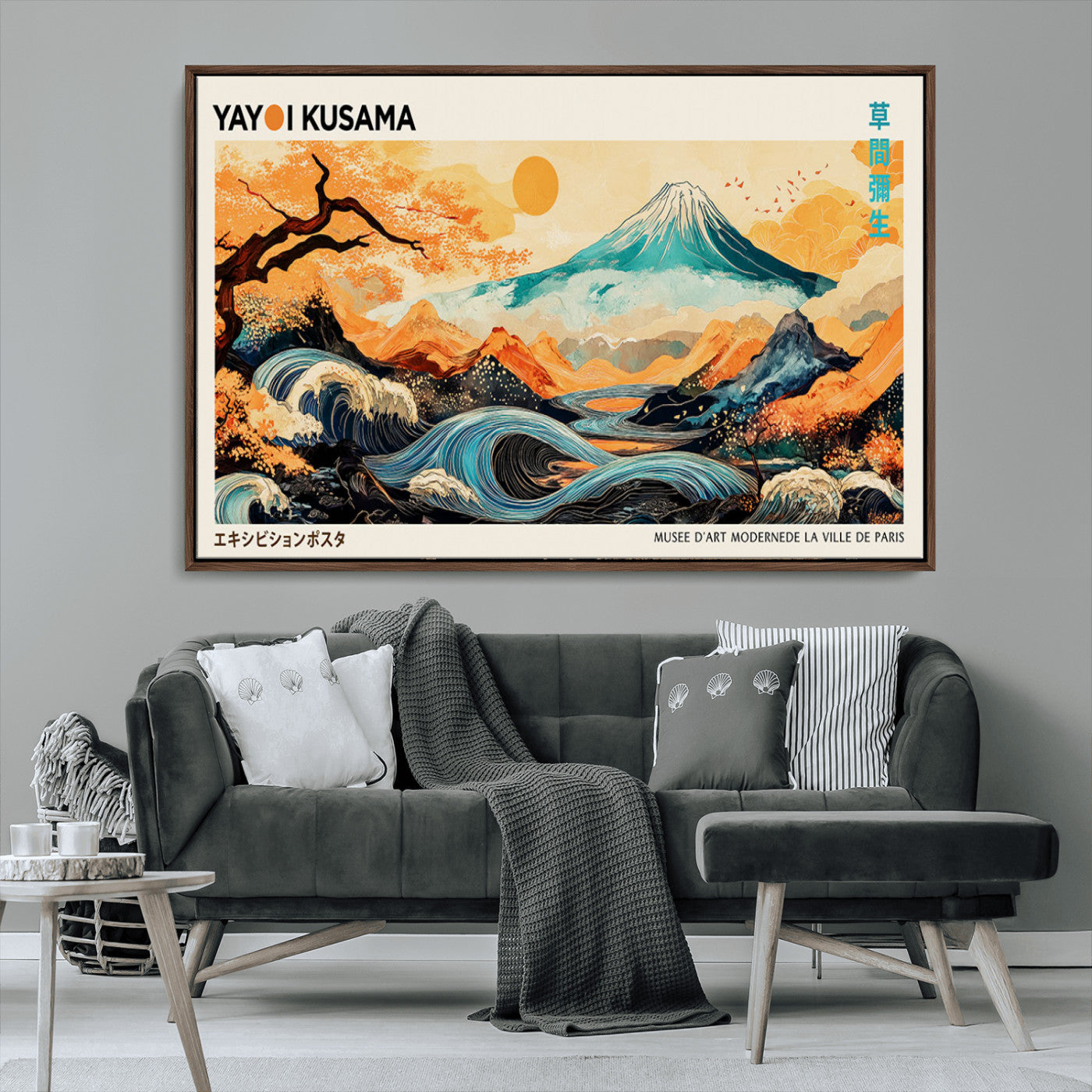 94085549-MGV-CV-36X24-Yayoi Kusama Inspired Japanese Landscape Art Print – Vibrant Mount Fuji, Waves & Autumn Trees, Modern Decorative Poster for