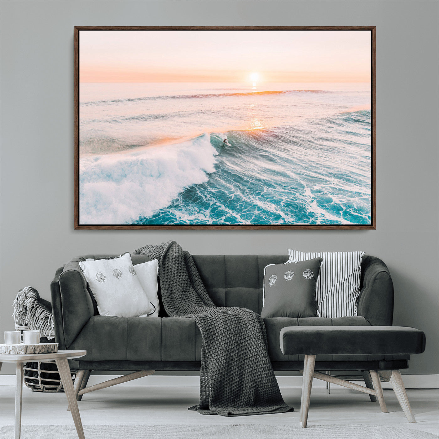 34064591-MGV-FC-36X24_Walnut-Surfing Wall Art – Sunset Ocean Wave Canvas Print, Surfer Riding Sea Photography Decor for Bedroom, Living Room, Office, Coastal