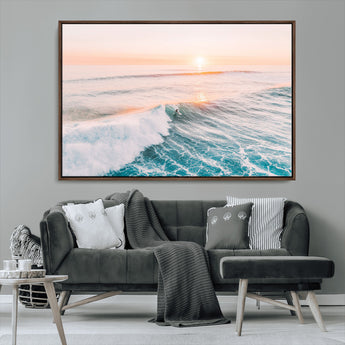 34064591-MGV-FC-36X24_Walnut-Surfing Wall Art – Sunset Ocean Wave Canvas Print, Surfer Riding Sea Photography Decor for Bedroom, Living Room, Office, Coastal