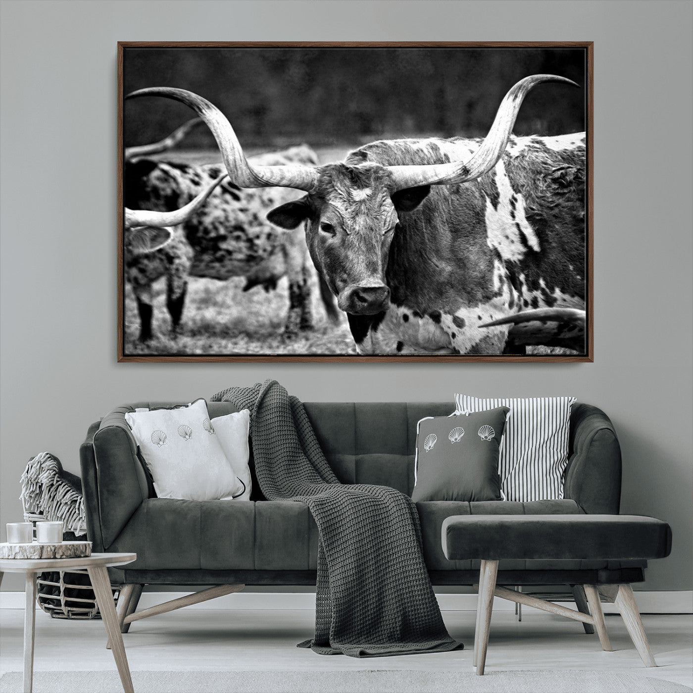 15425553-MGV-CV-36X24-Western Wall Art – Longhorn Cattle Black and White Canvas Print, Rustic Ranch Photography Decor for Bedroom, Living Room, Office,