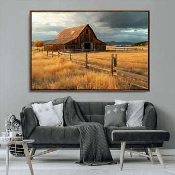 16480179-MGV-CV-36X24-Farmhouse Wall Art – Rustic Barn and Golden Field Canvas Print, Country Landscape Photography Decor for Bedroom, Living Room,