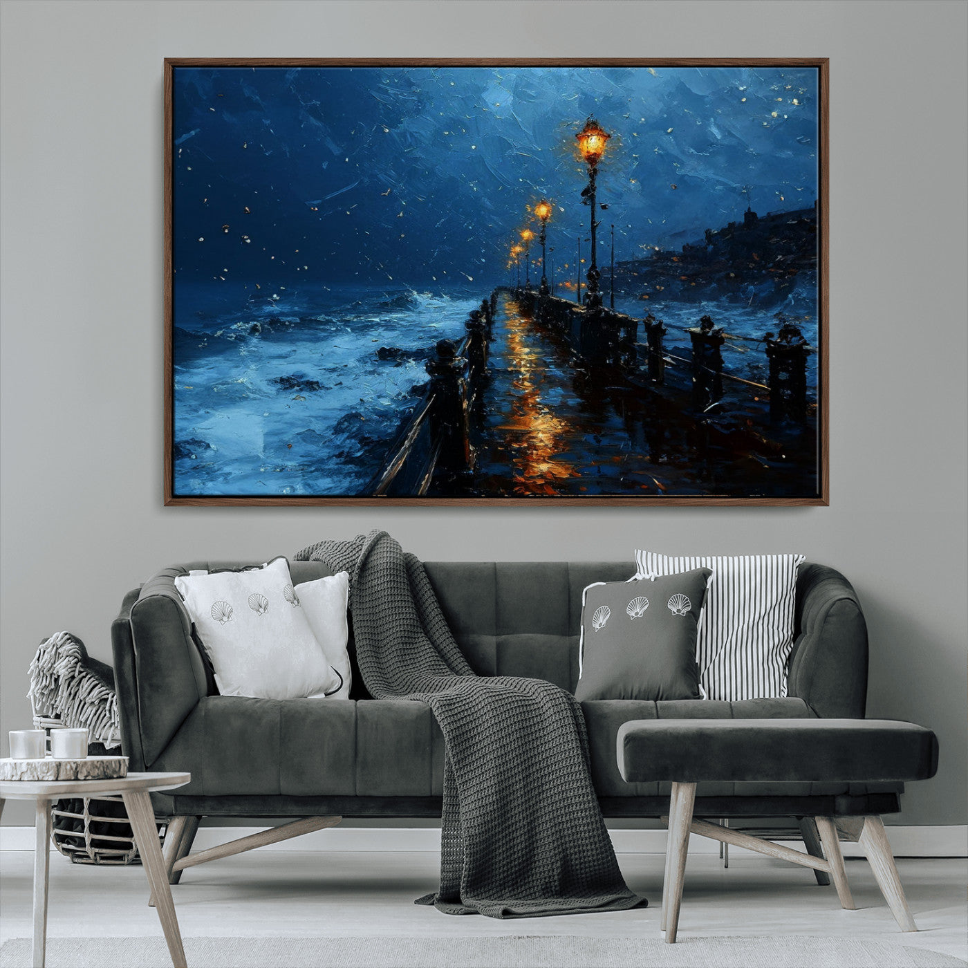 48300530-MGV-CV-36X24-Night Pier Wall Art – Moody Ocean Boardwalk Canvas Print, Impressionist Coastal Seascape Painting Decor for Living Room, Office,