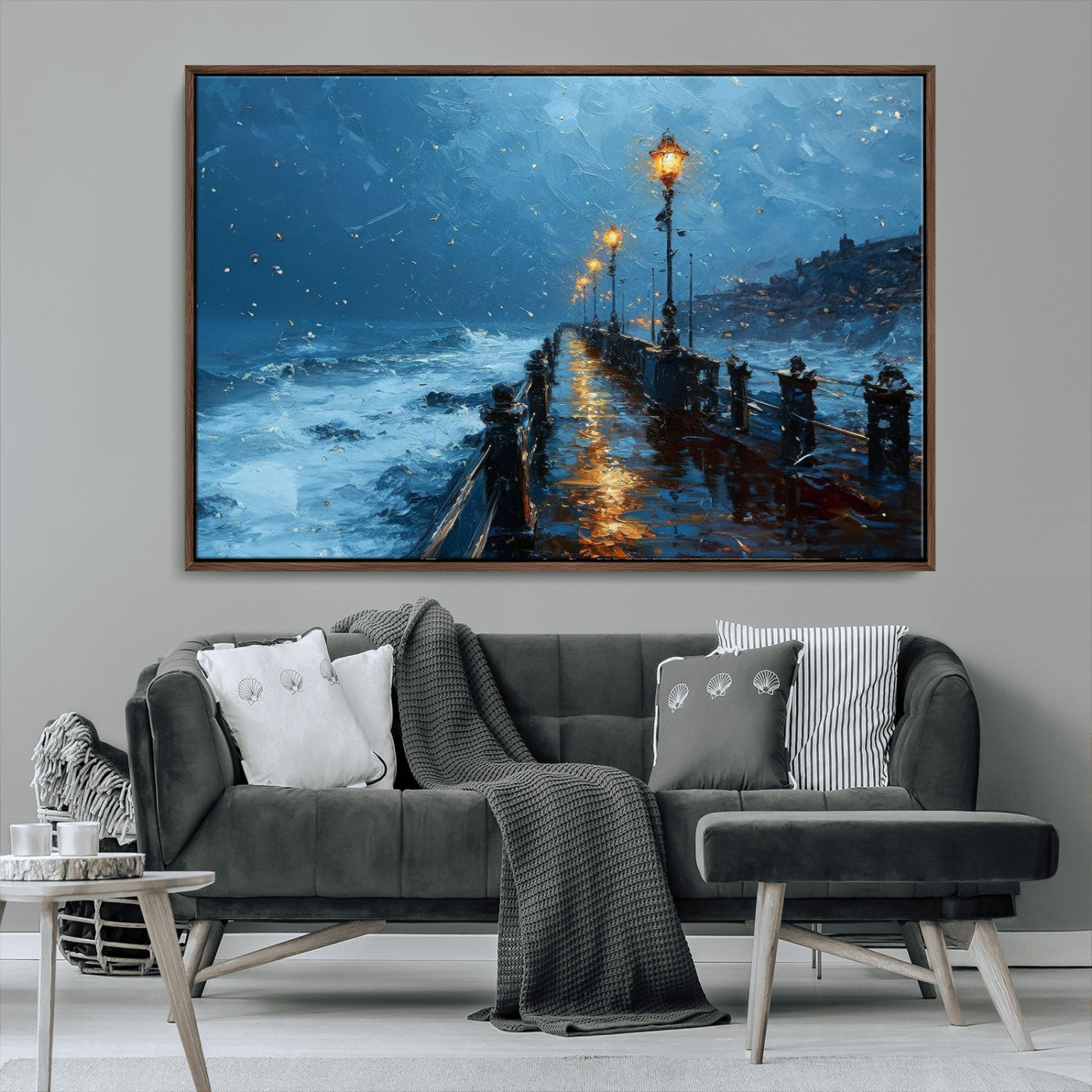 93793246-MGV-CV-36X24-Stormy Night Pier Canvas Wall Art – Moody Ocean Landscape with Lights, Blue Coastal Seascape Print for Bedroom, Living Room,