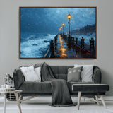 93793246-MGV-CV-36X24-Stormy Night Pier Canvas Wall Art – Moody Ocean Landscape with Lights, Blue Coastal Seascape Print for Bedroom, Living Room,