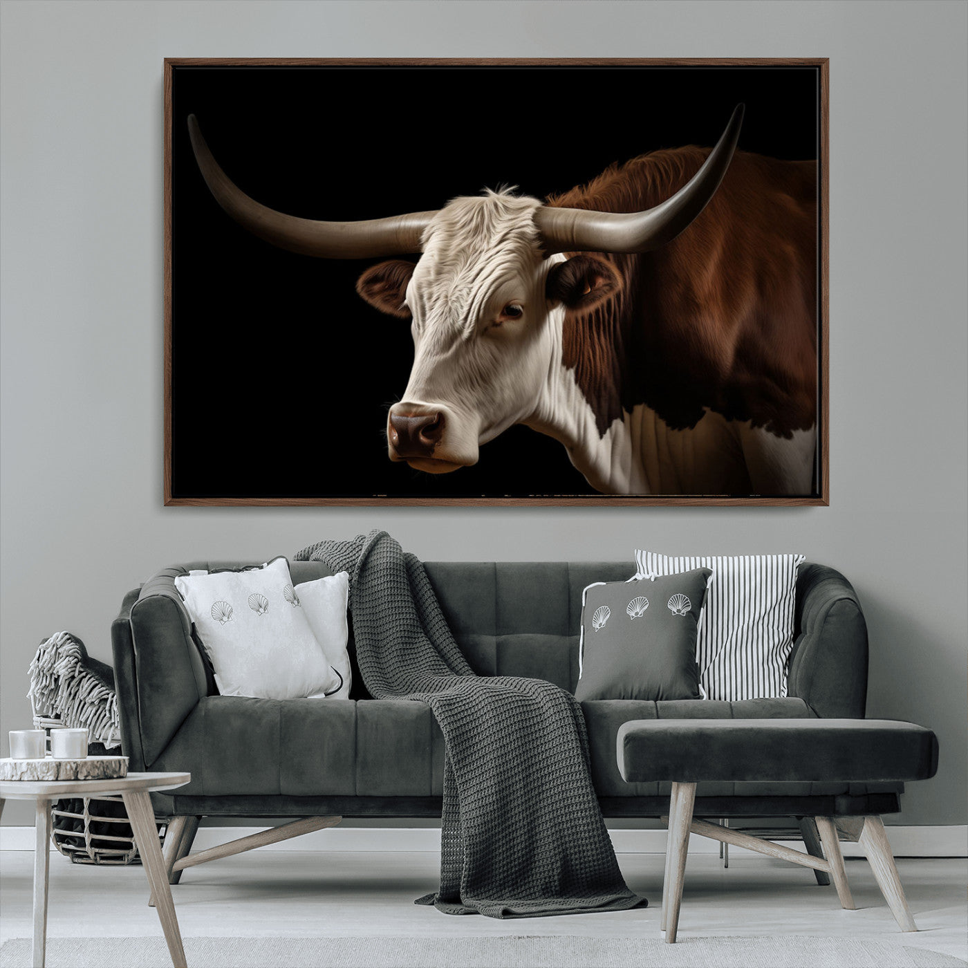27414857-MGV-FC-36X24_Walnut-Longhorn Bull Wall Art – Dramatic Western Steer Portrait Canvas Print, Rustic Farmhouse Animal Decor for Living Room, Office, or