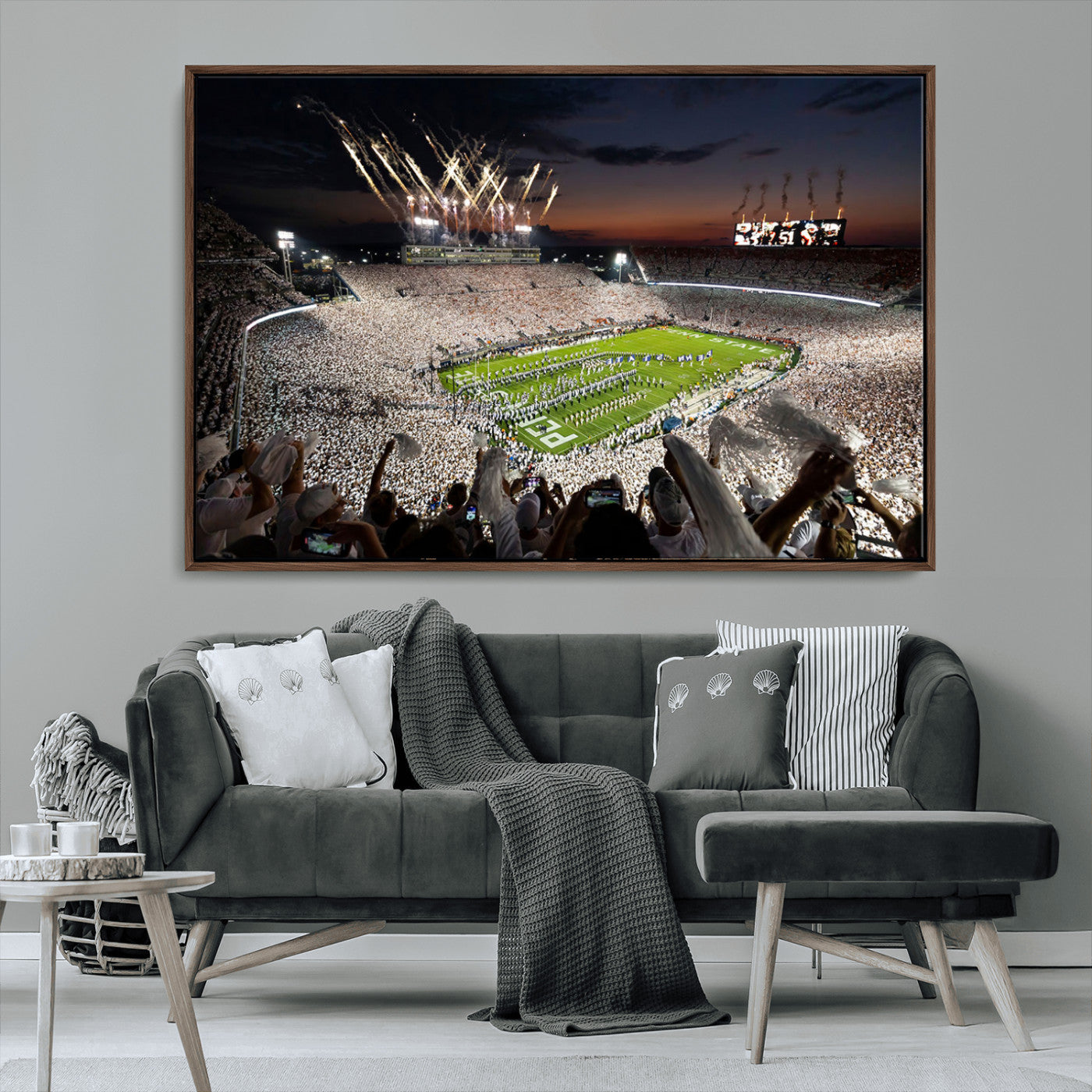 11221988-MGV-FC-36X24_Walnut-Football Stadium Wall Art – Game Day Crowd with Fireworks, Sports Fan Photography Print, Stadium Decor for Man Cave, Bar, or