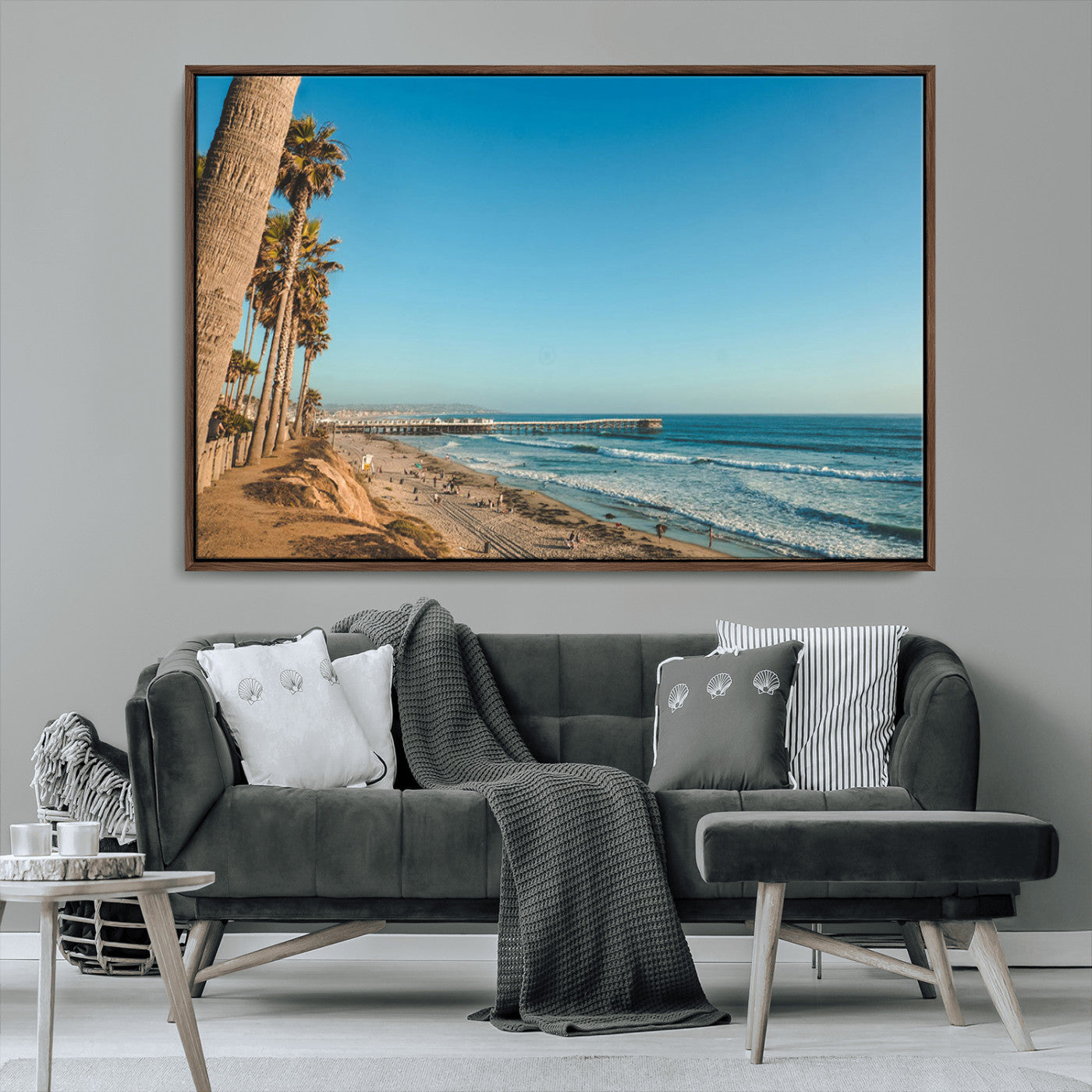 92568259-MGV-FC-36X24_Walnut-California Beach Wall Art – Palm Tree Pier Canvas Print, Coastal Ocean Photography Seaside Decor for Living Room, Bedroom, Office,