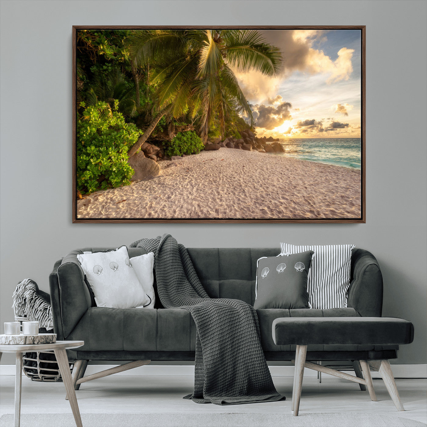 89531159-MGV-FC-36X24_Walnut-Tropical Beach Sunset Canvas Wall Art – Palm Trees Golden Sand Ocean Waves Coastal Paradise Print for Beach House Bedroom Bathroom