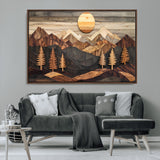 90044381-MGV-CV-36X24-Rustic Wall Art – Wooden Mountain Landscape with Sun and Pine Trees, Handcrafted Nature Canvas Style Decor for Bedroom, Living