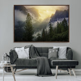38316884-MGV-FC-36X24_Walnut-Landscape Wall Art – Misty Mountain Valley Canvas Print, Scenic Pine Forest and Sunrise Photography Decor for Bedroom, Living