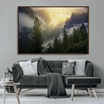 38316884-MGV-FC-36X24_Walnut-Landscape Wall Art – Misty Mountain Valley Canvas Print, Scenic Pine Forest and Sunrise Photography Decor for Bedroom, Living