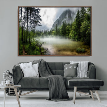 93123937-MGV-CV-36X24-Landscape Wall Art – Misty Mountain Lake Canvas Print, Tranquil Forest and Waterfall Photography Decor for Bedroom, Living Room,