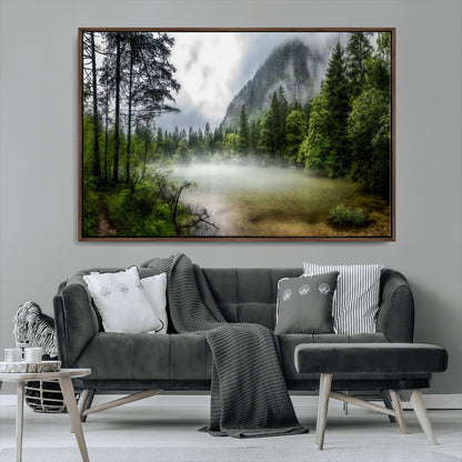 93123937-MGV-CV-36X24-Landscape Wall Art – Misty Mountain Lake Canvas Print, Tranquil Forest and Waterfall Photography Decor for Bedroom, Living Room,